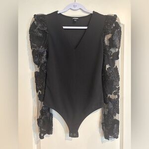 Express Black V-Neck Bodysuit with Sheer Floral Lace Sleeves